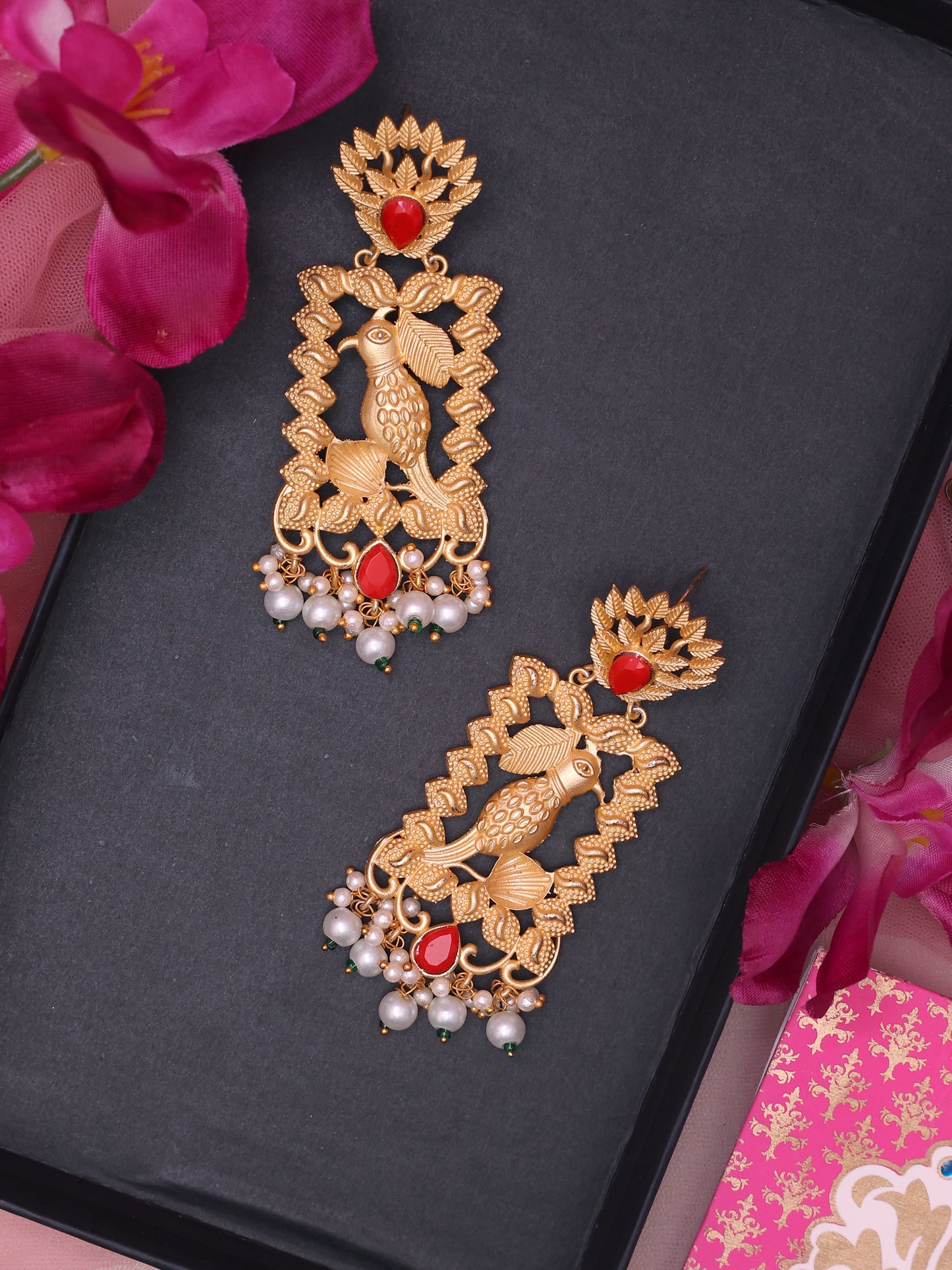 Red Indowestern Yadhavi Golden Earrings