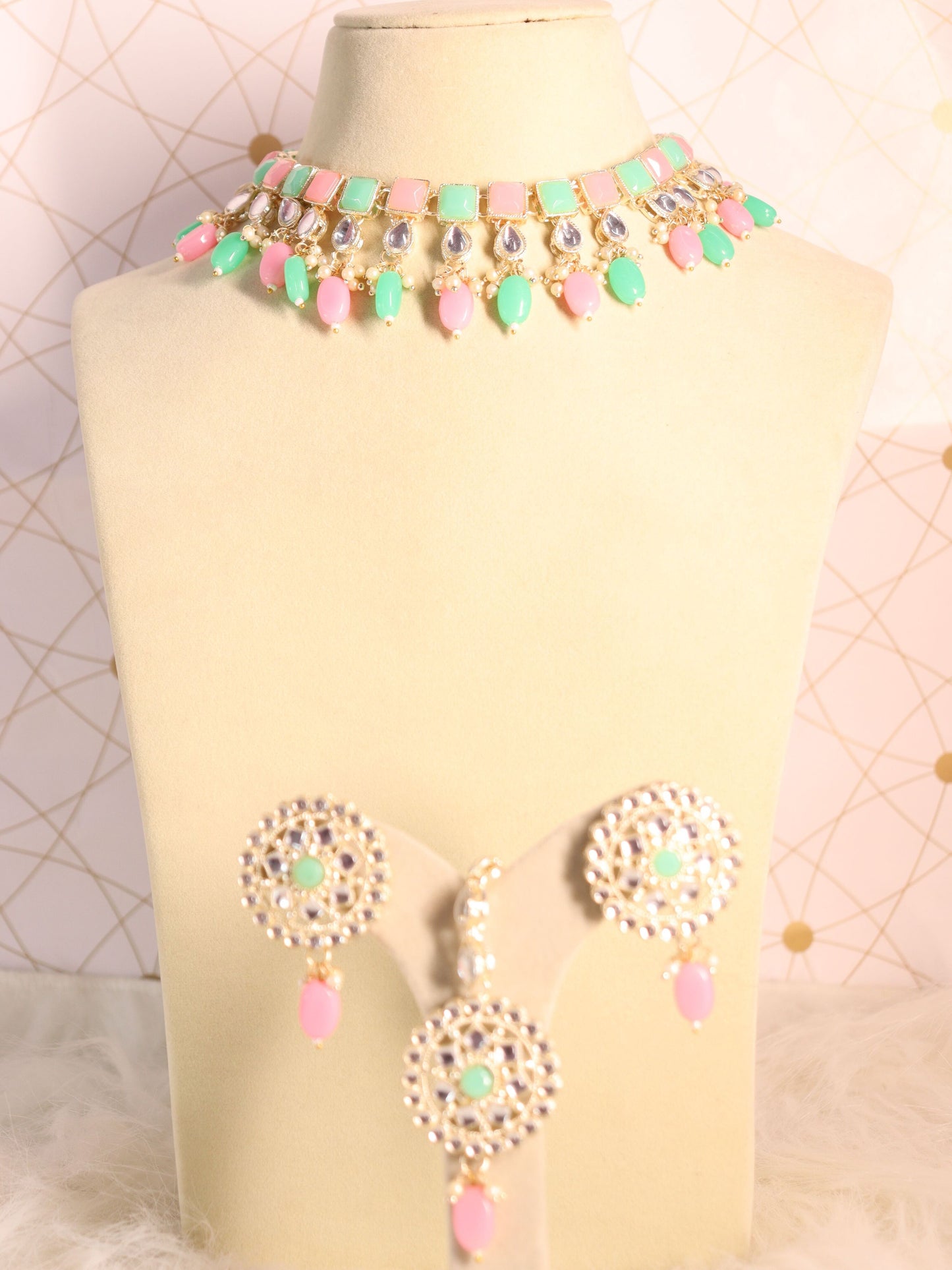 Pink and Green Yamini Necklace Set