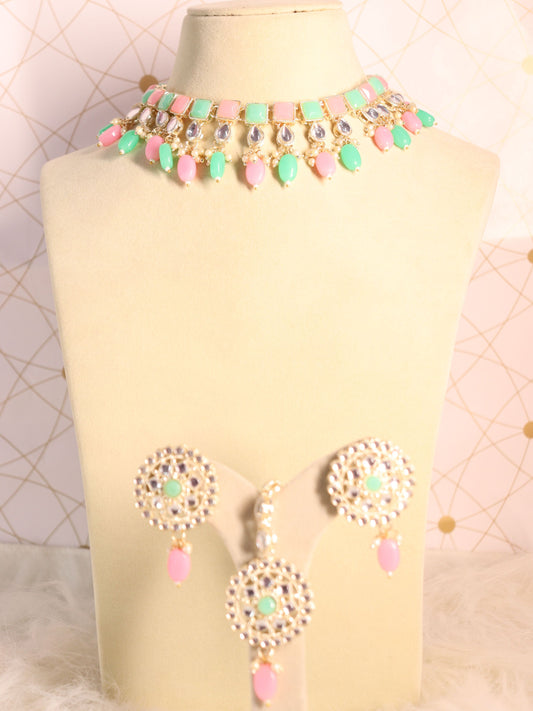 Pink and Green Yamini Necklace Set