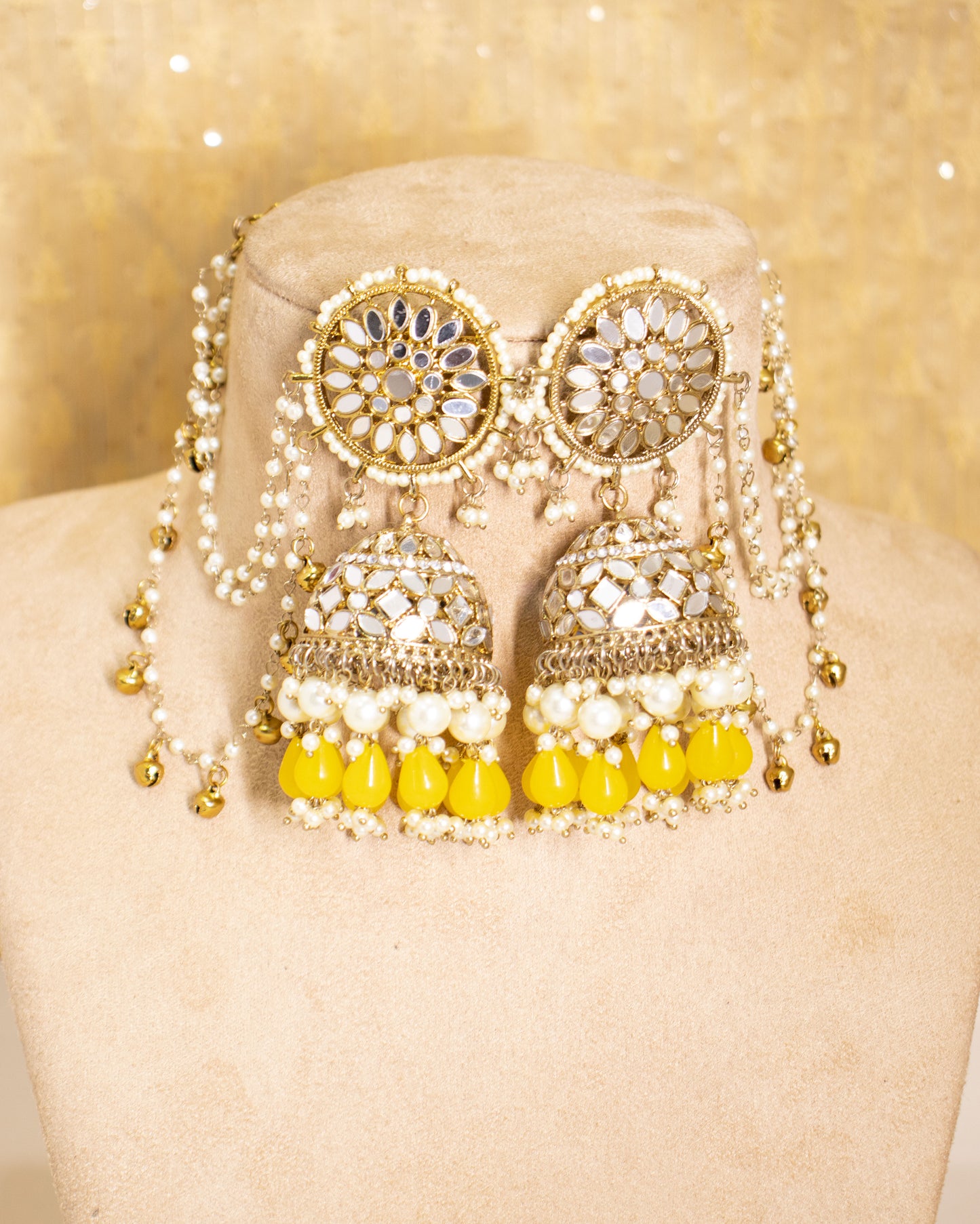 Yellow Mahira Jhumkis with Maang Tika