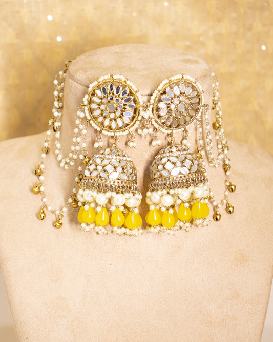 Yellow Mahira Jhumkis with Maang Tika