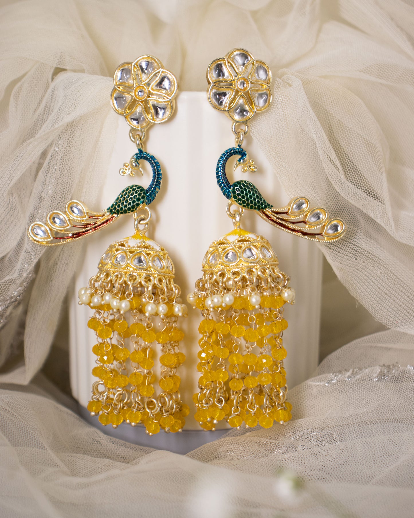 Yellow Peacock Designer Jhumkis