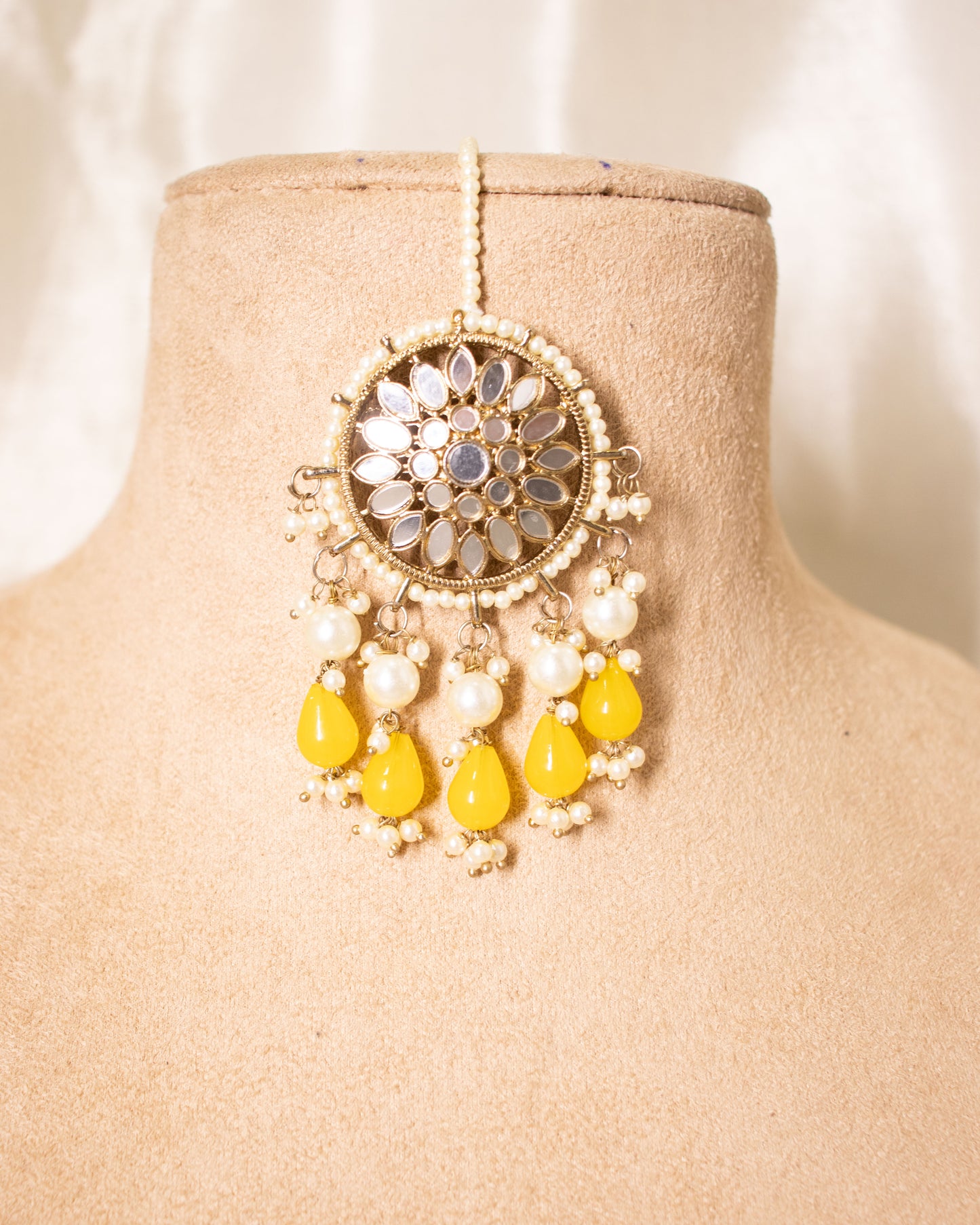 Yellow Mahira Jhumkis with Maang Tika